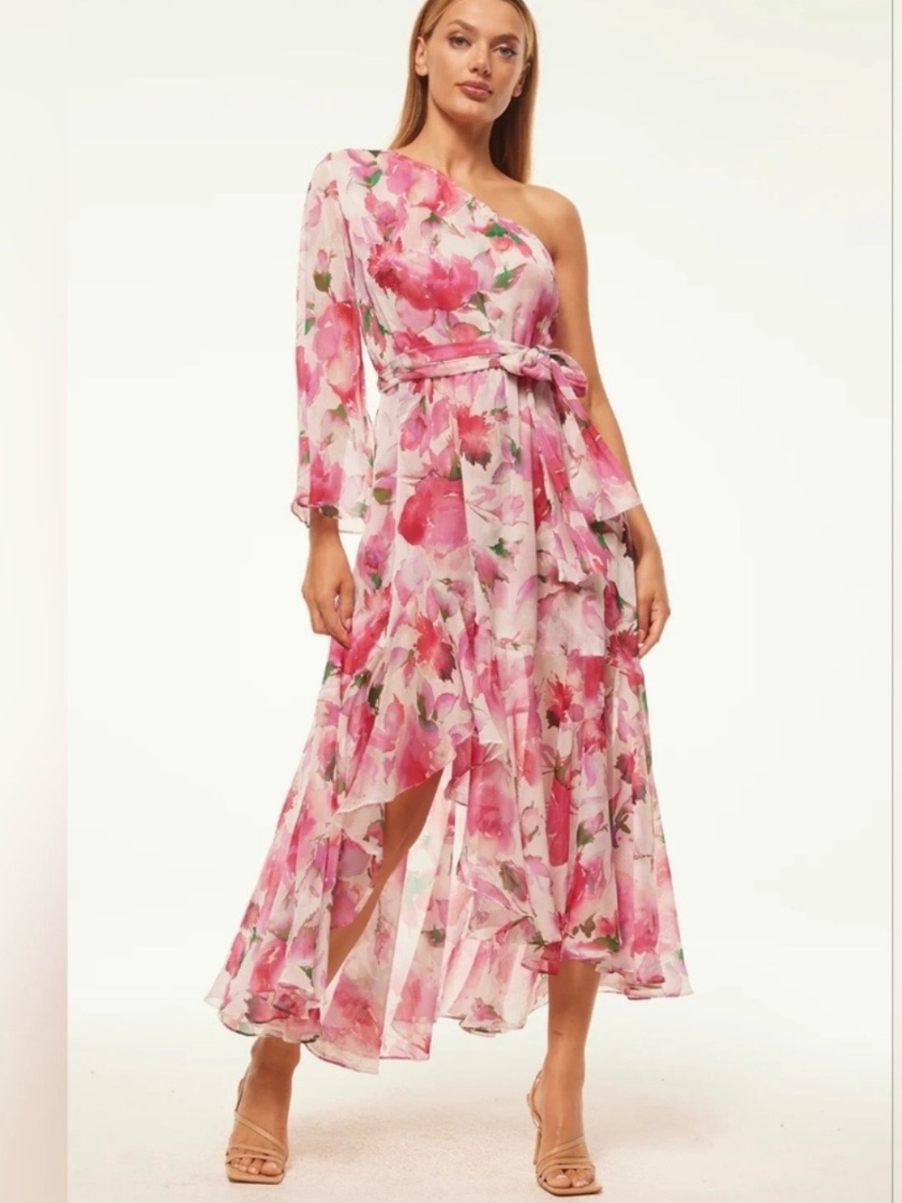 NWT Sz S Misa Los Angeles Sabrina Dress Garden Fuchsia Pink Floral One Shoulder
